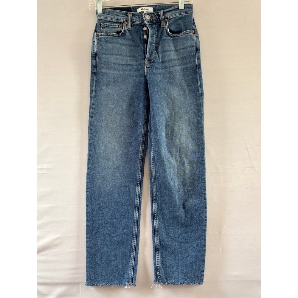 RE/DONE Originals High Rise Stove Pipe Straight Leg Jeans Blue Raw Hem Size 24